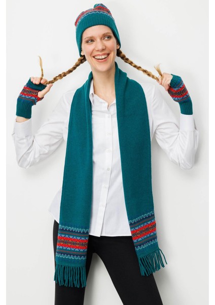 Kadın Kenarları Jakarlı Püsküllü Yün Kaşkol K.ö.başı