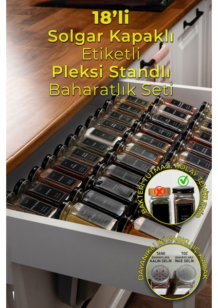 18'li Şeffaf Pleksi Standlı Cam Baharatlık Seti Kapaklı Etiketli Baharatlık Takımı MH02SYH18