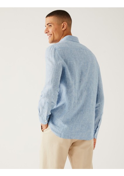 Regular Fit Uzun Kollu Saf Keten Gömlek modelleri