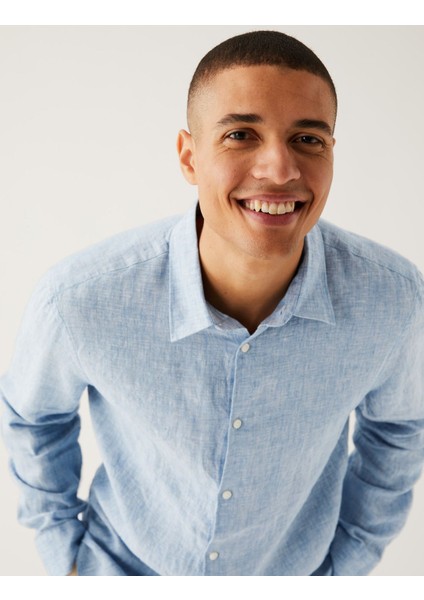 Regular Fit Uzun Kollu Saf Keten Gömlek fırsatları