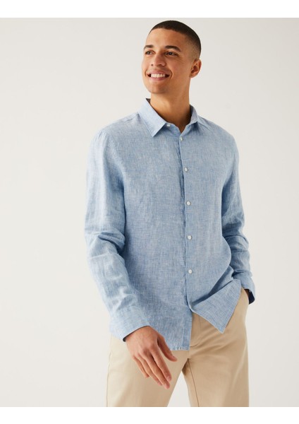 Regular Fit Uzun Kollu Saf Keten Gömlek indirimleri