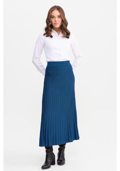 Kadın Pileli Triko Etek Indigo