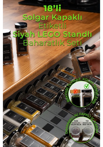 18'li Siyah Kristal Plexi Standlı Cam Baharatlık Seti Kapaklı Etiketli Baharatlık Takımı MH04SYH18