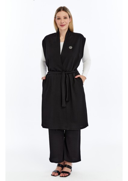 Büyük Beden Kadın Yazlık Battal Pantolon Kuşaklı Broşlu Cepli Uzun Yelek Ikili Tesettür Takım