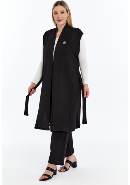 Büyük Beden Kadın Yazlık Battal Pantolon Kuşaklı Broşlu Cepli Uzun Yelek Ikili Tesettür Takım fiyatları