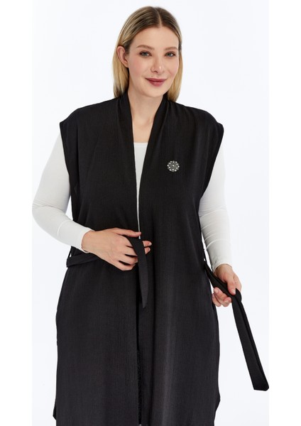 Büyük Beden Kadın Yazlık Battal Pantolon Kuşaklı Broşlu Cepli Uzun Yelek Ikili Tesettür Takım modelleri