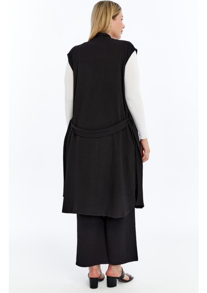 Büyük Beden Kadın Yazlık Battal Pantolon Kuşaklı Broşlu Cepli Uzun Yelek Ikili Tesettür Takım indirimleri