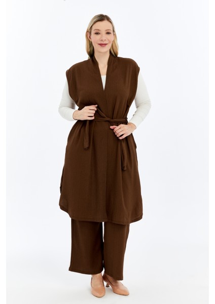 Büyük Beden Kadın Yazlık Battal Pantolon Kuşaklı Broşlu Cepli Uzun Yelek Ikili Tesettür Takım fiyatları