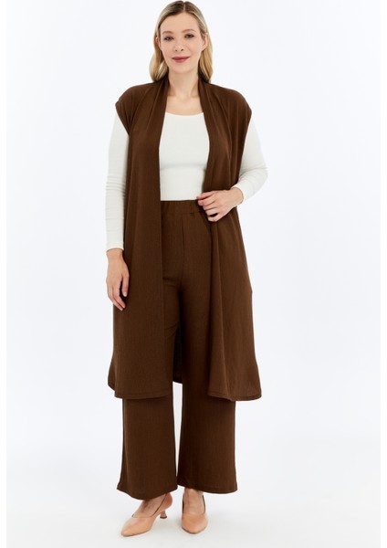 Büyük Beden Kadın Yazlık Battal Pantolon Kuşaklı Broşlu Cepli Uzun Yelek Ikili Tesettür Takım