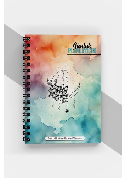 Renkli Ay Desenli Günlük Planlayıcı - 90 Sayfa - Tarihsiz Ajanda (A5) Süresiz Planlama Defteri