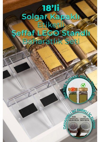 18'li Şeffaf Lego Standlı Cam Baharatlık Seti Kapaklı Etiketli Baharatlık Takım MH03GLD08