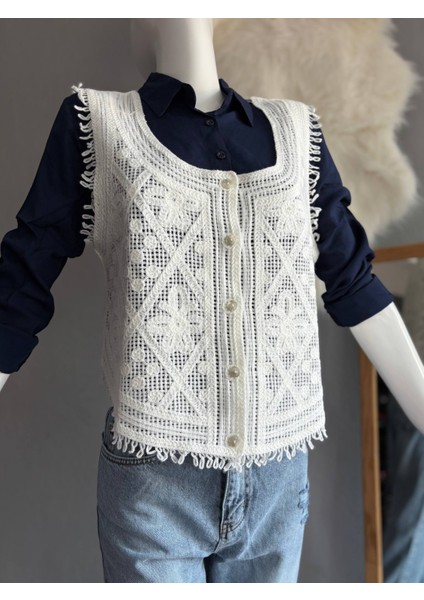 Rengastyle Kadın Dantel Detay Düğmeli Triko Yelek