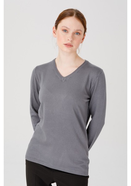 Kadın Ligralı Uzun Kol Basic V Yaka Bluz Gri fiyatları