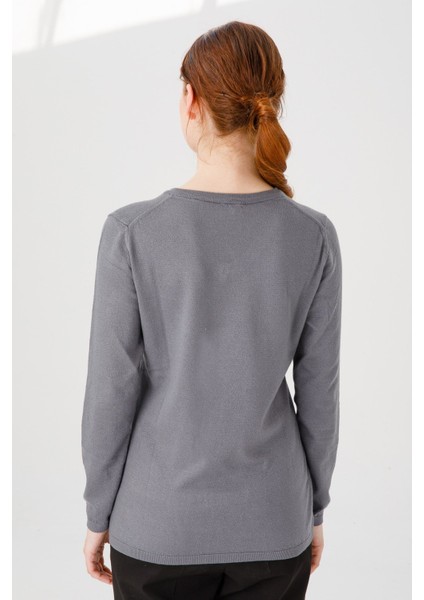 Kadın Ligralı Uzun Kol Basic V Yaka Bluz Gri modelleri