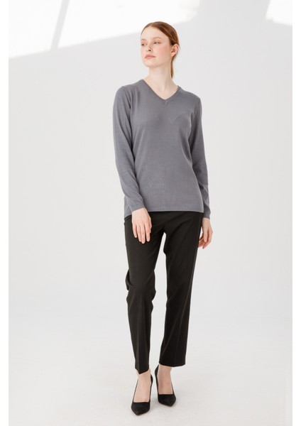 Kadın Ligralı Uzun Kol Basic V Yaka Bluz Gri indirimleri