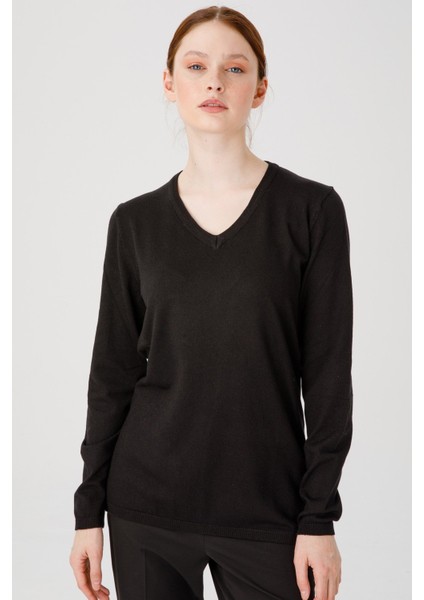 Kadın Ligralı Uzun Kol Basic V Yaka Bluz Siyah fiyatları