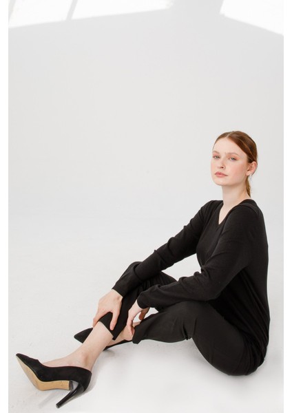 Kadın Ligralı Uzun Kol Basic V Yaka Bluz Siyah modelleri