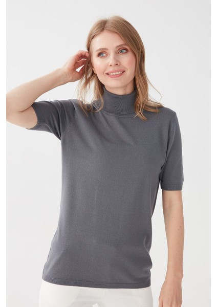 Kadın Likralı Kısa Kollu Tam Balıkçı Bluz Koyu Füme