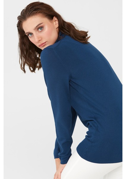 Kadın Likralı Uzun Kollu Basic Tam Balıkçı Bluz Indigo fırsatları