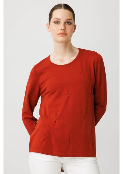 Kadın Sıfır Yaka Önü Pileli Boncuklu Ligralı Bluz K.kiremit