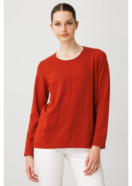 Kadın Sıfır Yaka Önü Pileli Boncuklu Ligralı Bluz K.kiremit fiyatları