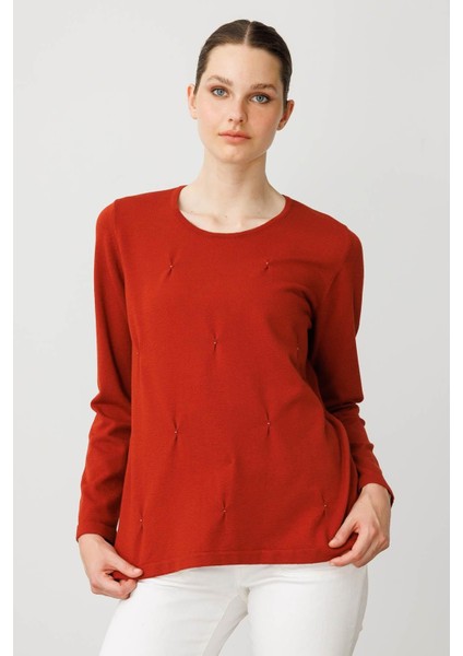 Kadın Sıfır Yaka Önü Pileli Boncuklu Ligralı Bluz K.kiremit modelleri