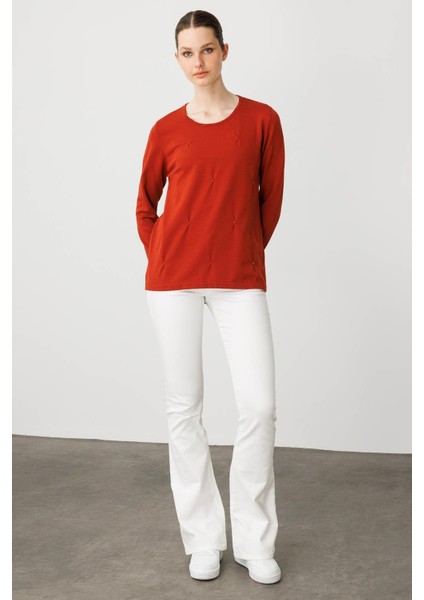 Kadın Sıfır Yaka Önü Pileli Boncuklu Ligralı Bluz K.kiremit fırsatları