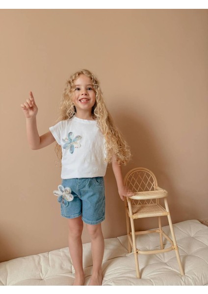 Yigit Butik Aplike Çiçekli Kot Şortlu Kız Çocuk Takım