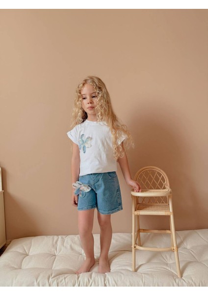 Yigit Butik Aplike Çiçekli Kot Şortlu Kız Çocuk Takım fırsatları
