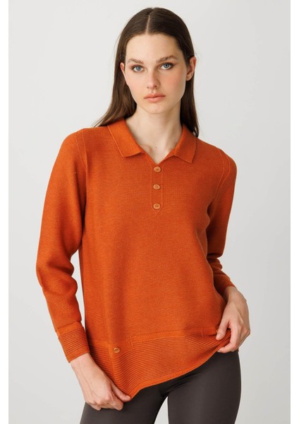 Kadın Polo Yaka Sahte Cepli Bluz Turuncu