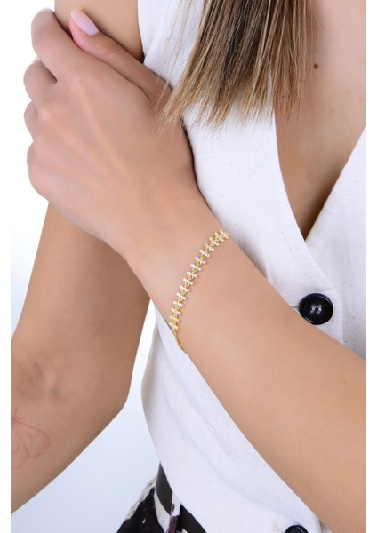 Gümüş Altın Yaldızlı Baget Kesim Zirkon Taşlı Hareketli Kırkayak Model Bileklik SGTL12914GOLD