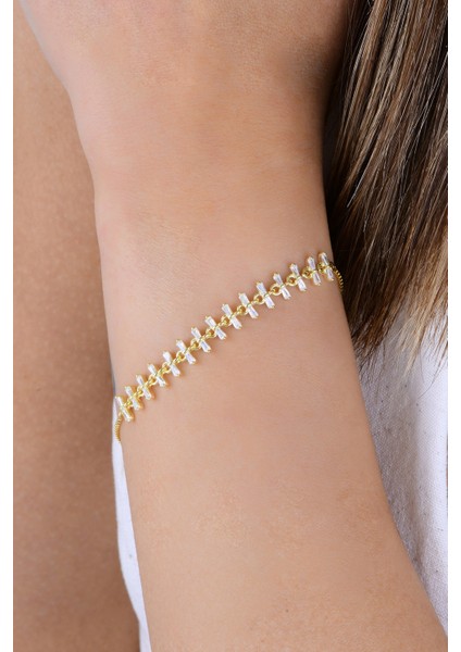 Gümüş Altın Yaldızlı Baget Kesim Zirkon Taşlı Hareketli Kırkayak Model Bileklik SGTL12914GOLD modelleri