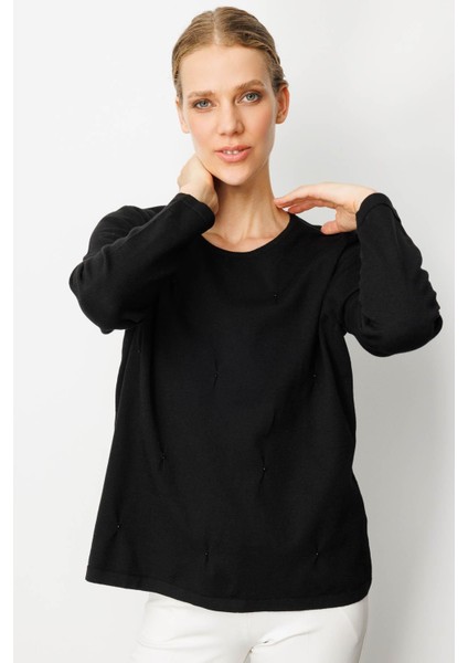 Kadın Sıfır Yaka Önü Pileli Boncuklu Ligralı Bluz Siyah indirimleri