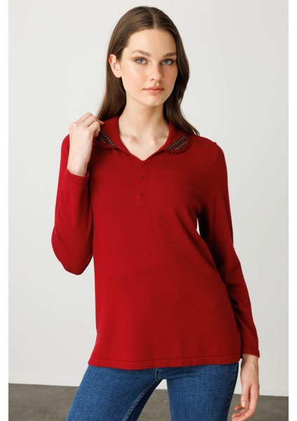 Kadın Polo Yaka Likralı Bluz K.Kırmızı