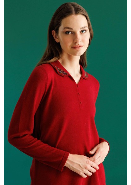 Kadın Polo Yaka Likralı Bluz K.Kırmızı indirimleri