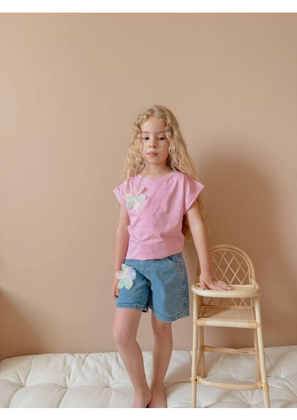 Yigit Butik Aplike Çiçekli Kot Şortlu Kız Çocuk Takım
