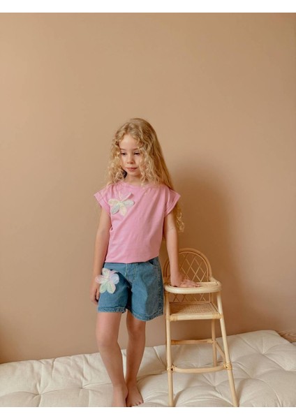 Yigit Butik Aplike Çiçekli Kot Şortlu Kız Çocuk Takım fiyatları