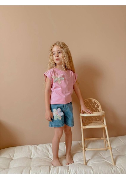 Yigit Butik Aplike Çiçekli Kot Şortlu Kız Çocuk Takım modelleri
