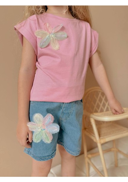 Yigit Butik Aplike Çiçekli Kot Şortlu Kız Çocuk Takım fırsatları