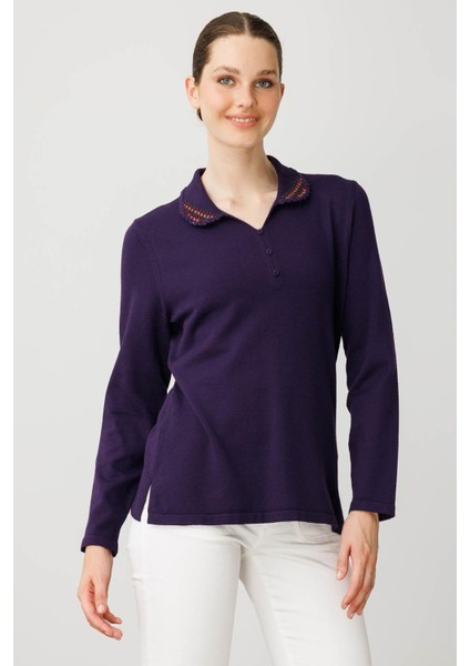 Kadın Polo Yaka Likralı Bluz K.Mor