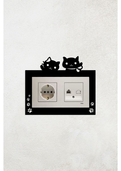 Sevimli Kedi Tasarım 2li Priz Çerçevesi (Iç Ölçü 15,5x8,4 Cm) Ev Süsü - 2li Dekoratif Piriz Süsü