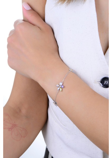 Gümüş Rodyumlu Renkli Zirkon Taşlı Asimetrik Neşe Çiçeği Bileklik SGTL12933RODAJ fiyatları