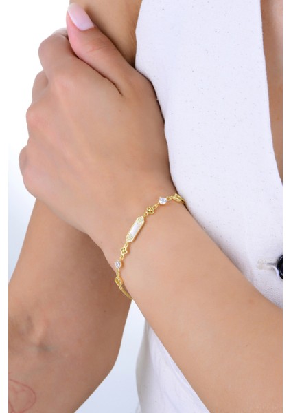 Gümüş Altın Yaldızlı Ortası Sedef ve Zirkon Taşlı Yonca Modeli Flora Bileklik SGTL12915GOLD fiyatları