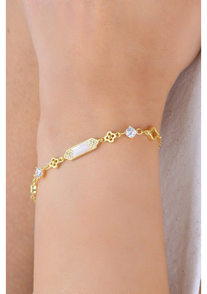 Gümüş Altın Yaldızlı Ortası Sedef ve Zirkon Taşlı Yonca Modeli Flora Bileklik SGTL12915GOLD modelleri