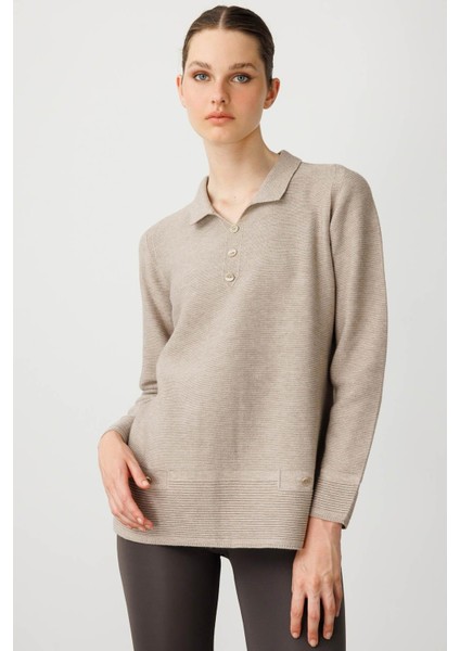 Kadın Polo Yaka Sahte Cepli Bluz Vizon