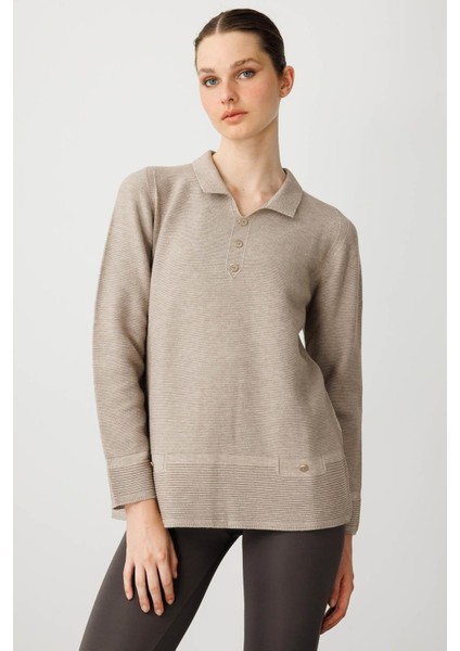 Kadın Polo Yaka Sahte Cepli Bluz Vizon fiyatları