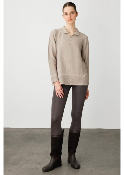 Kadın Polo Yaka Sahte Cepli Bluz Vizon fırsatları