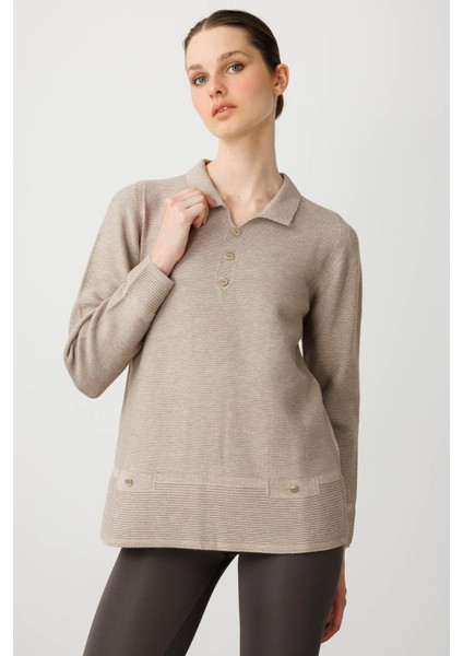 Kadın Polo Yaka Sahte Cepli Bluz Vizon indirimleri