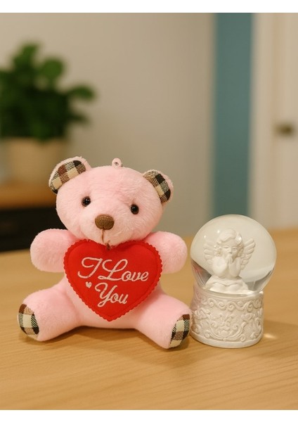 Sevimli Mini Peluş Ayıcık ve Mini Melek Kar Küresi Set Pembe