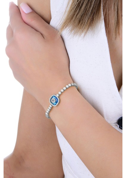 Gümüş Rodyumlu Zirkon Taşlı Kare Nazar Boncuklu Asansörlü Cam Göz Su Yolu Bileklik SGTL12946RODAJ